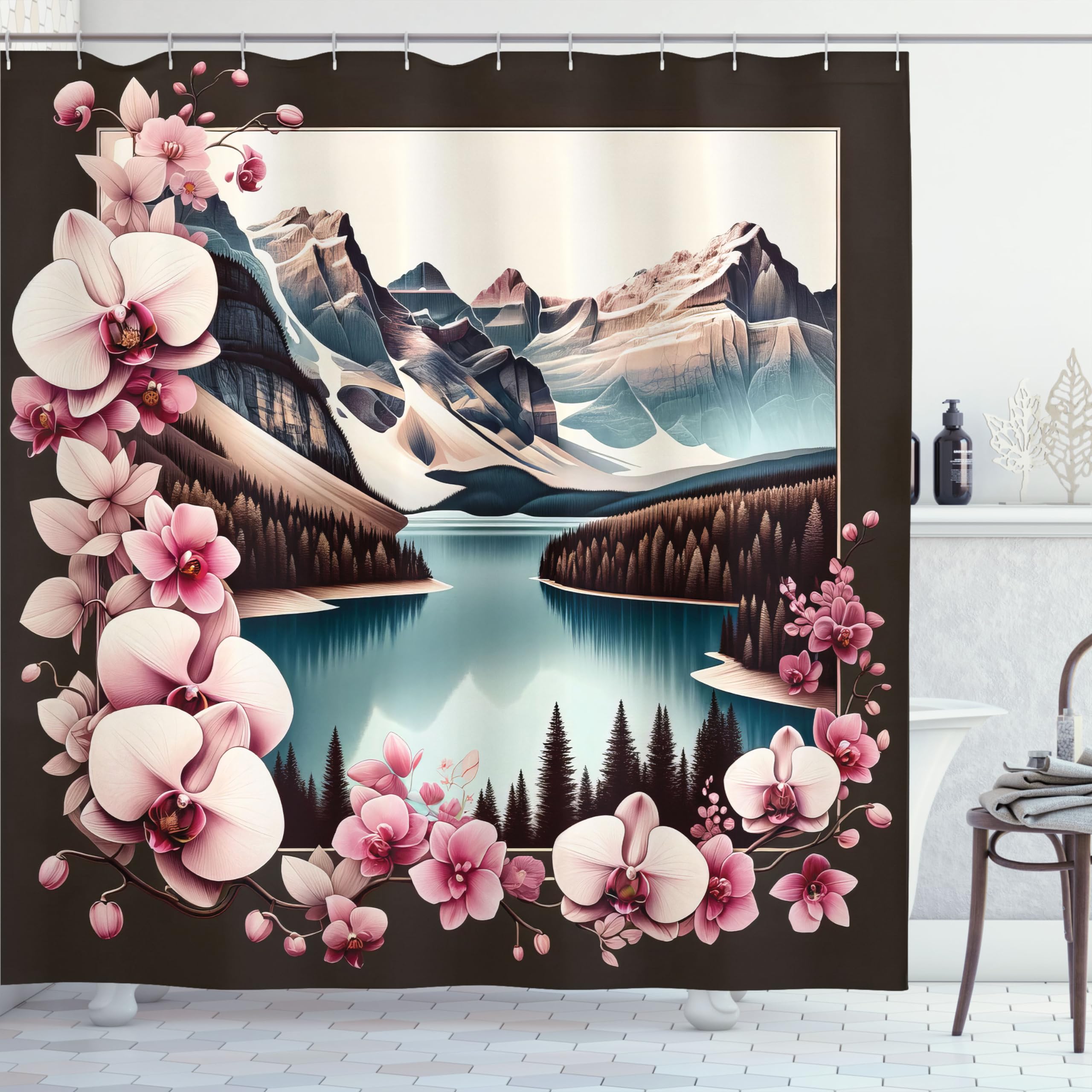 Ambesonne Lake Shower Curtain, Orchid Branches Around Mountain Landscape Spring Joy Outdoorsy View, Cloth Fabric Bathroom Decor